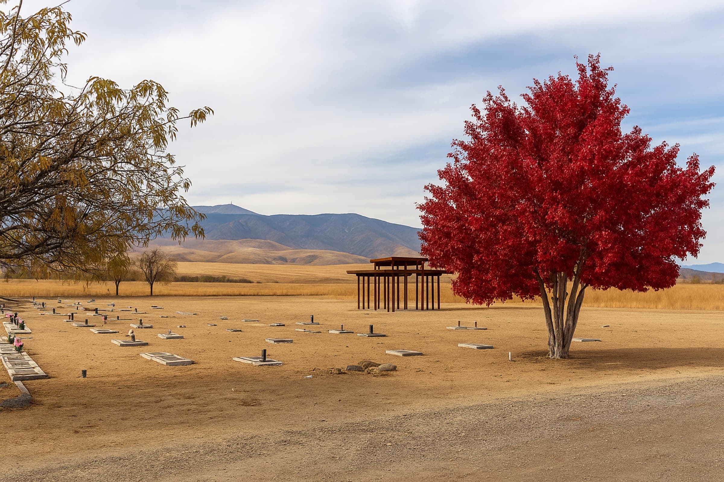 A red maple in autumn color on the grounds of Sierra Memorial Gardens beneath the Northern Nevada mountains