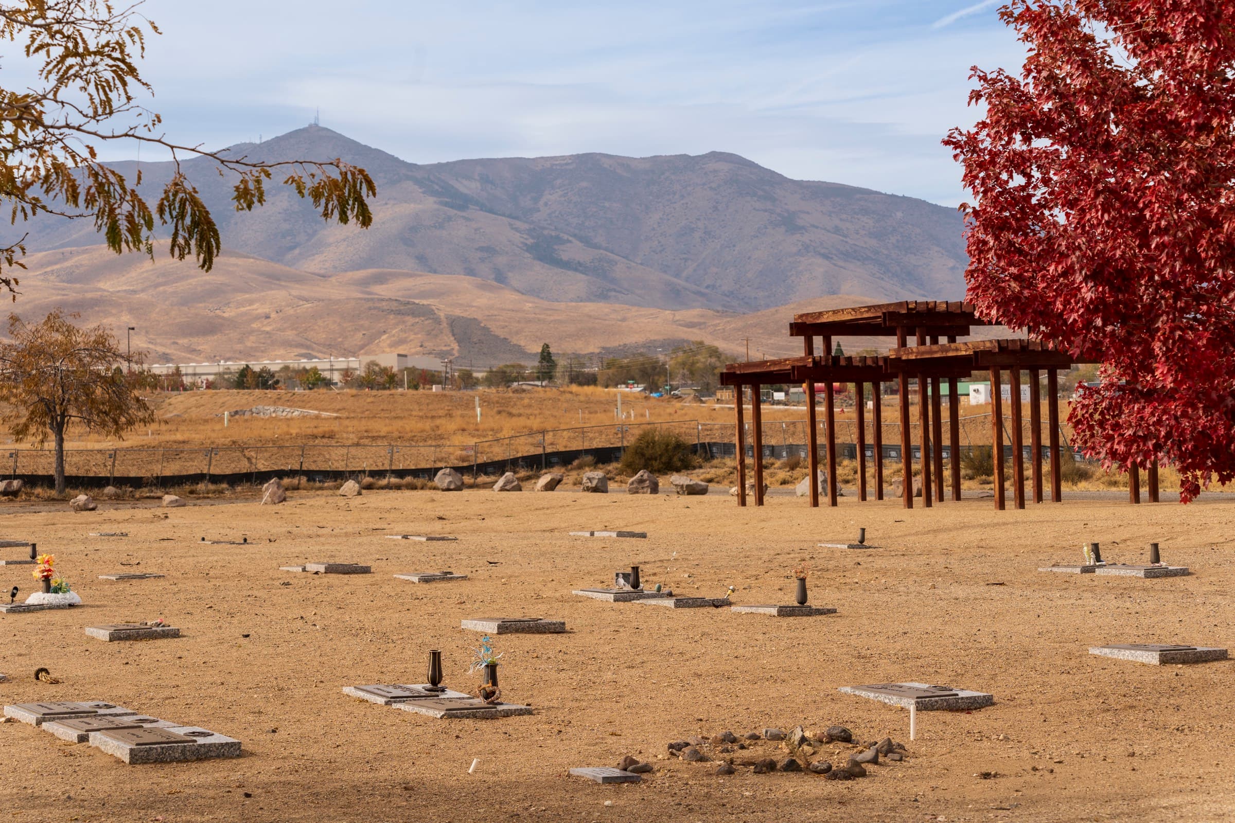 A memorial pavilion amid fall color at Sierra Memorial Gardens